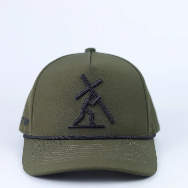 Olive cap with black embroidered mark and narrow black rope trim above visor
