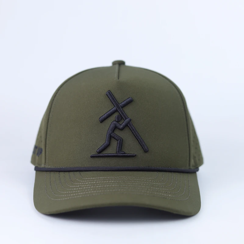 Straight-on olive green golf-style cap with rope edge and embroidered logo