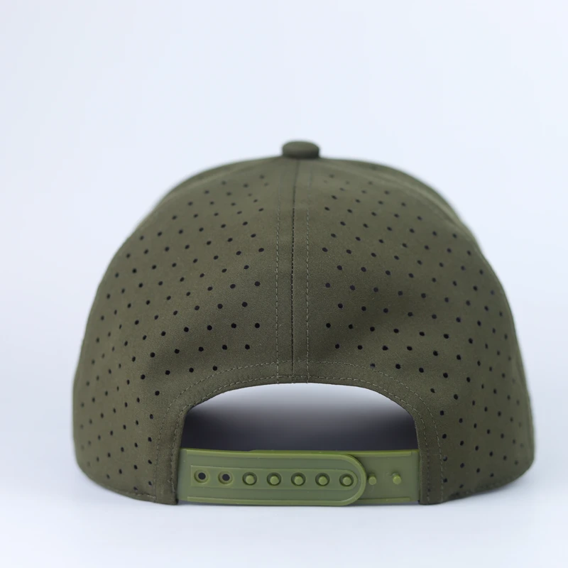 Back view of an olive perforated cap with a matching green plastic snapback closure