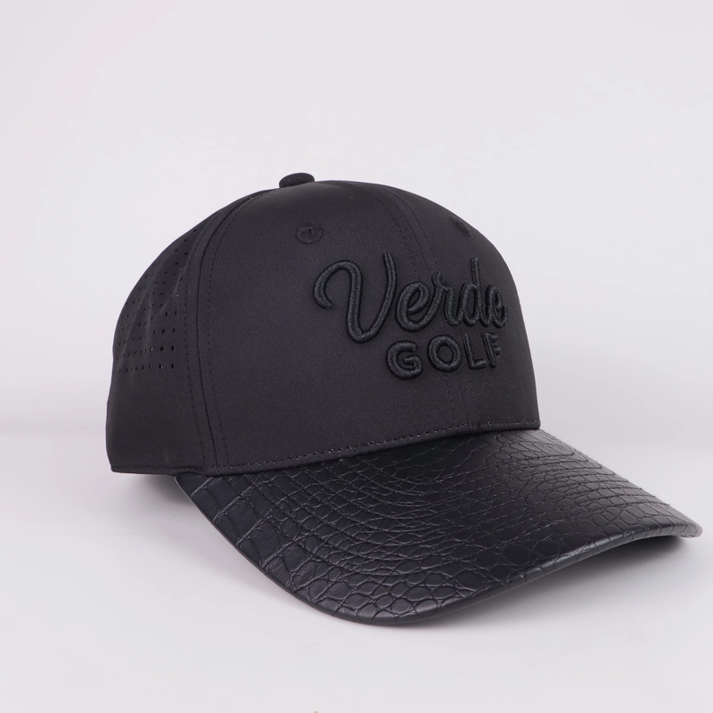 Charcoal golf cap with tonal front embroidery and a dark patterned visor