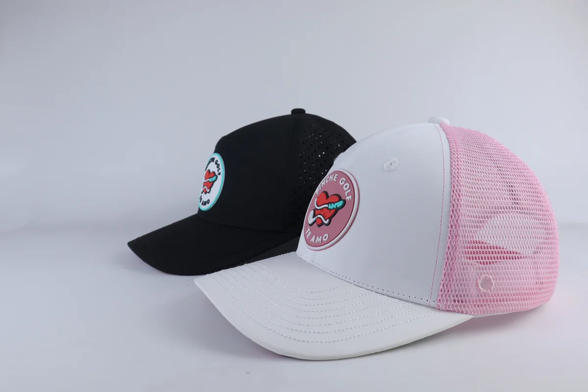 White and black golf cap references showing contrasting patch and visor colors