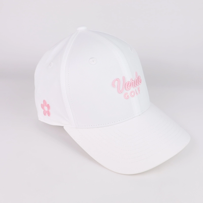 White curved-brim cap with pink front script and pink side embroidery